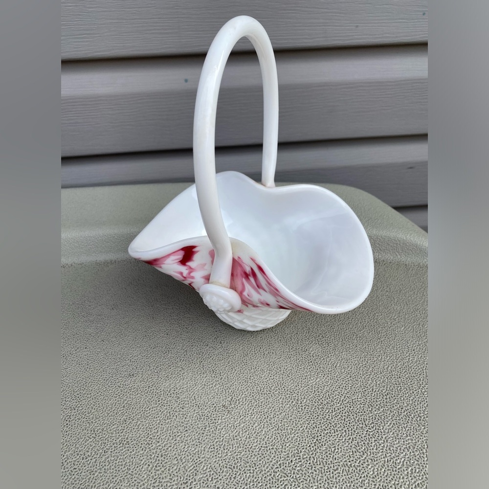 Milk glass basket flower holder art glass in pink & white.